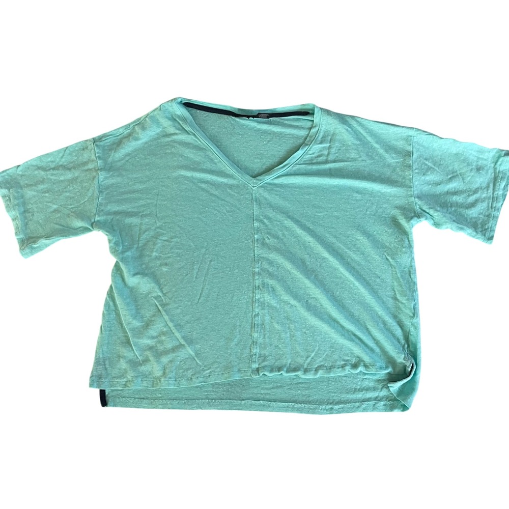Tahari Women Mint‎ Green 100% Linen Boxy V-Neck Short Sleeve Tee Shirt Size S